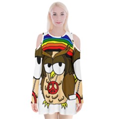  Rainbow Stoner Owl Velvet Long Sleeve Shoulder Cutout Dress