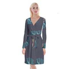 Flower Illustrations Leaves Long Sleeve Velvet Front Wrap Dress