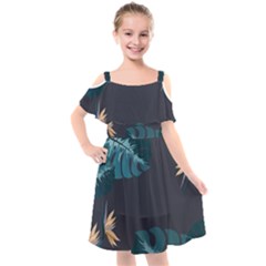 Flower Illustrations Leaves Kids  Cut Out Shoulders Chiffon Dress