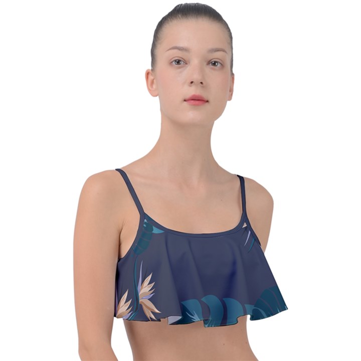 Flower Illustrations Leaves Frill Bikini Top