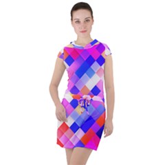 Squares Pattern Geometric Seamless Drawstring Hooded Dress