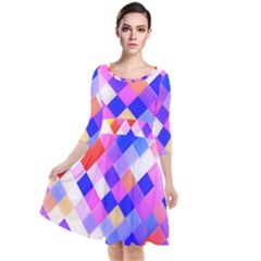 Squares Pattern Geometric Seamless Quarter Sleeve Waist Band Dress by Dutashop