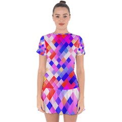 Squares Pattern Geometric Seamless Drop Hem Mini Chiffon Dress