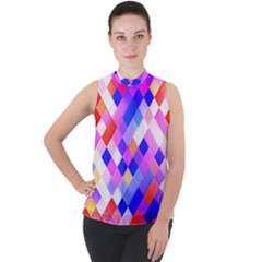 Squares Pattern Geometric Seamless Mock Neck Chiffon Sleeveless Top by Dutashop