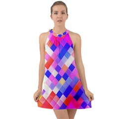 Squares Pattern Geometric Seamless Halter Tie Back Chiffon Dress by Dutashop