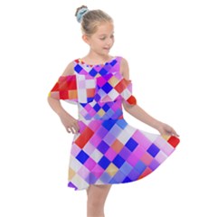 Squares Pattern Geometric Seamless Kids  Shoulder Cutout Chiffon Dress