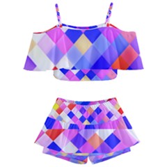 Squares Pattern Geometric Seamless Kids  Off Shoulder Skirt Bikini