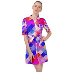 Squares Pattern Geometric Seamless Belted Shirt Dress by Dutashop