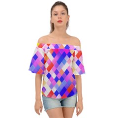 Squares Pattern Geometric Seamless Off Shoulder Short Sleeve Top by Dutashop