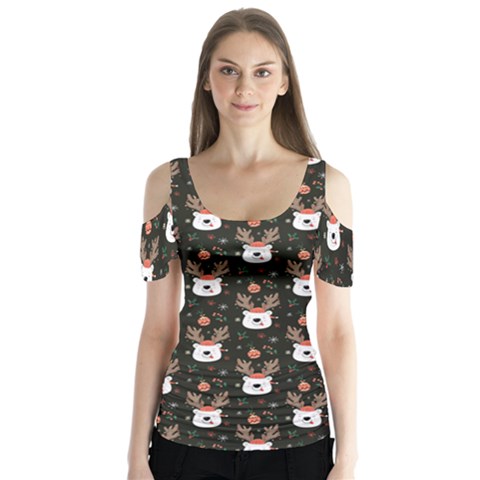 Bear Rein Deer Christmas Butterfly Sleeve Cutout Tee  by designsbymallika