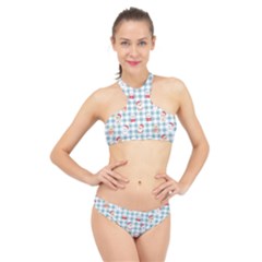 Checks Pattern With Christmas Animals High Neck Bikini Set