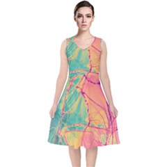 Alcohol Ink V-neck Midi Sleeveless Dress  by Dazzleway