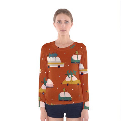 Cute Merry Christmas And Happy New Seamless Pattern With Cars Carrying Christmas Trees Women s Long Sleeve Tee by EvgeniiaBychkova