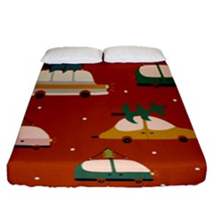 Cute Merry Christmas And Happy New Seamless Pattern With Cars Carrying Christmas Trees Fitted Sheet (queen Size) by EvgeniiaBychkova