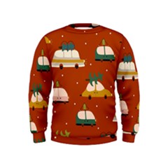 Cute Merry Christmas And Happy New Seamless Pattern With Cars Carrying Christmas Trees Kids  Sweatshirt by EvgeniiaBychkova