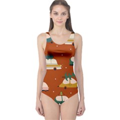 Cute Merry Christmas And Happy New Seamless Pattern With Cars Carrying Christmas Trees One Piece Swimsuit by EvgeniiaBychkova