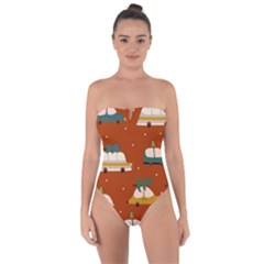 Cute Merry Christmas And Happy New Seamless Pattern With Cars Carrying Christmas Trees Tie Back One Piece Swimsuit by EvgeniiaBychkova