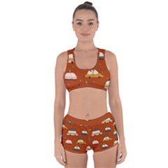 Cute Merry Christmas And Happy New Seamless Pattern With Cars Carrying Christmas Trees Racerback Boyleg Bikini Set by EvgeniiaBychkova