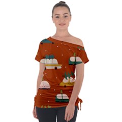 Cute Merry Christmas And Happy New Seamless Pattern With Cars Carrying Christmas Trees Off Shoulder Tie-up Tee