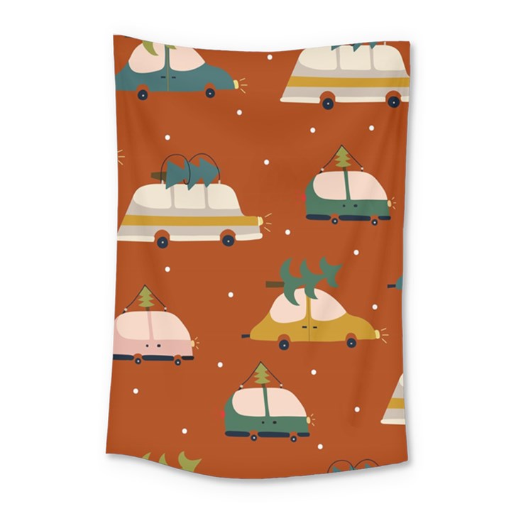 Cute Merry Christmas And Happy New Seamless Pattern With Cars Carrying Christmas Trees Small Tapestry