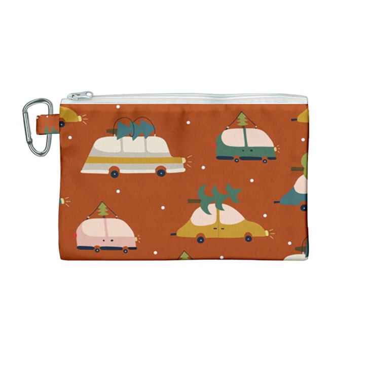 Cute Merry Christmas And Happy New Seamless Pattern With Cars Carrying Christmas Trees Canvas Cosmetic Bag (Medium)