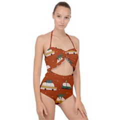 Cute Merry Christmas And Happy New Seamless Pattern With Cars Carrying Christmas Trees Scallop Top Cut Out Swimsuit