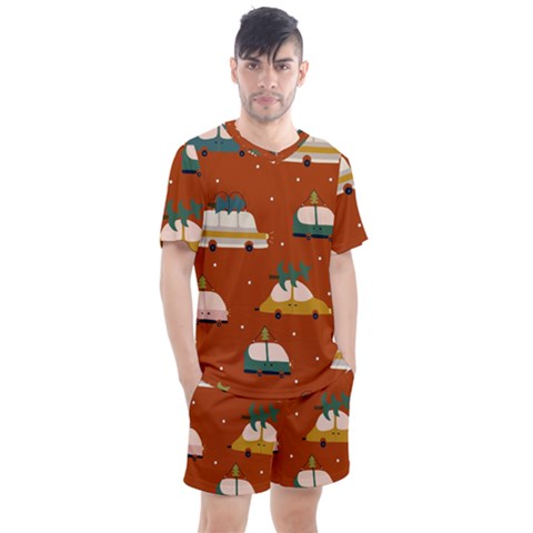 Cute Merry Christmas And Happy New Seamless Pattern With Cars Carrying Christmas Trees Men s Mesh Tee And Shorts Set by EvgeniiaBychkova