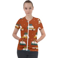 Cute Merry Christmas And Happy New Seamless Pattern With Cars Carrying Christmas Trees Short Sleeve Zip Up Jacket by EvgeniiaBychkova