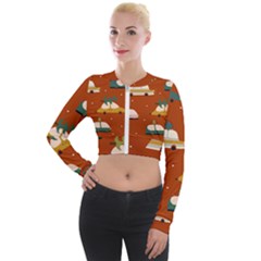 Cute Merry Christmas And Happy New Seamless Pattern With Cars Carrying Christmas Trees Long Sleeve Cropped Velvet Jacket by EvgeniiaBychkova