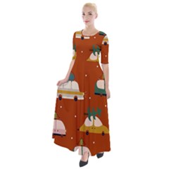 Cute Merry Christmas And Happy New Seamless Pattern With Cars Carrying Christmas Trees Half Sleeves Maxi Dress by EvgeniiaBychkova