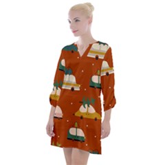 Cute Merry Christmas And Happy New Seamless Pattern With Cars Carrying Christmas Trees Open Neck Shift Dress by EvgeniiaBychkova