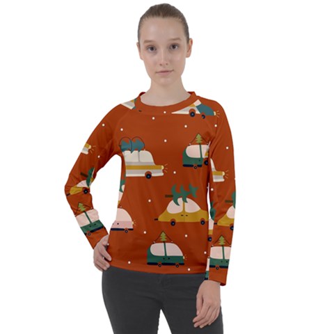 Cute Merry Christmas And Happy New Seamless Pattern With Cars Carrying Christmas Trees Women s Long Sleeve Raglan Tee by EvgeniiaBychkova