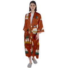 Cute Merry Christmas And Happy New Seamless Pattern With Cars Carrying Christmas Trees Maxi Satin Kimono by EvgeniiaBychkova