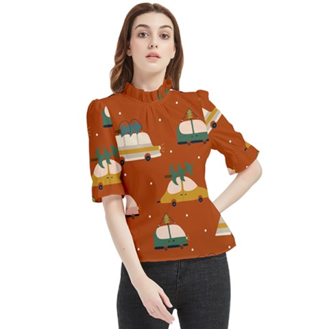 Cute Merry Christmas And Happy New Seamless Pattern With Cars Carrying Christmas Trees Frill Neck Blouse by EvgeniiaBychkova