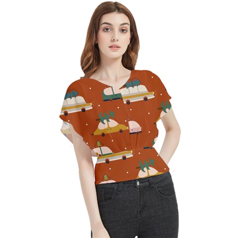 Cute Merry Christmas And Happy New Seamless Pattern With Cars Carrying Christmas Trees Butterfly Chiffon Blouse by EvgeniiaBychkova