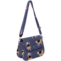 Cute  Pattern With  Dancing Ballerinas On The Blue Background Saddle Handbag by EvgeniiaBychkova