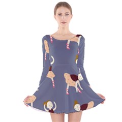 Cute  Pattern With  Dancing Ballerinas On The Blue Background Long Sleeve Velvet Skater Dress by EvgeniiaBychkova