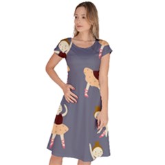 Cute  Pattern With  Dancing Ballerinas On The Blue Background Classic Short Sleeve Dress by EvgeniiaBychkova