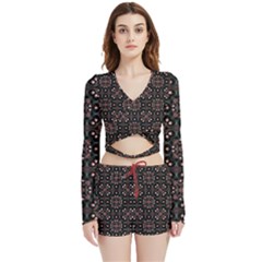 Dark Seamless Gemoetric Print Mosaic Velvet Wrap Crop Top And Shorts Set