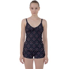 Dark Seamless Gemoetric Print Mosaic Tie Front Two Piece Tankini