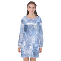 Blue Alcohol Ink Long Sleeve Chiffon Shift Dress  by Dazzleway