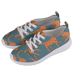 Vector Seamless Pattern With Cute Orange And  Cheetahs On The Blue Background  Tropical Animals Women s Lightweight Sports Shoes by EvgeniiaBychkova