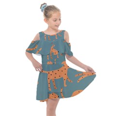 Vector Seamless Pattern With Cute Orange And  Cheetahs On The Blue Background  Tropical Animals Kids  Shoulder Cutout Chiffon Dress by EvgeniiaBychkova