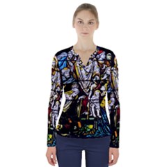 Christian Window Glass Art Print V-neck Long Sleeve Top by dflcprintsclothing