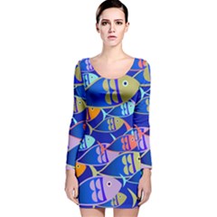 Sea Fish Illustrations Long Sleeve Velvet Bodycon Dress