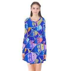 Sea Fish Illustrations Long Sleeve V-neck Flare Dress by Mariart