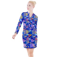 Sea Fish Illustrations Button Long Sleeve Dress by Mariart