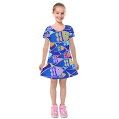 Sea Fish Illustrations Kids  Short Sleeve Velvet Dress