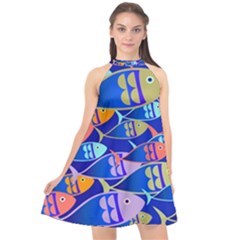 Sea Fish Illustrations Halter Neckline Chiffon Dress  by Mariart