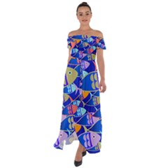 Sea Fish Illustrations Off Shoulder Open Front Chiffon Dress